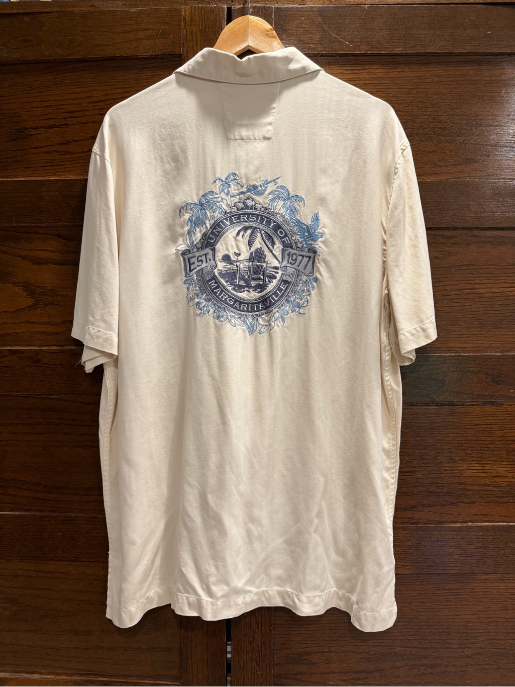Margaritaville Large 100% Silk Short-Sleeve Button Camp Shirt Embroidered Cream